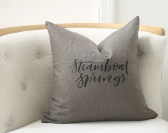 18"x18" Dark Gray Linen with Black Ink "Steamboat Springs" Pillow Cover | Colorado Pillow