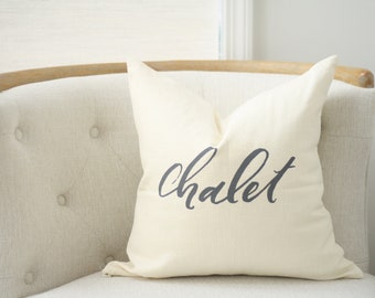 18"x18" Ivory Linen with Gray Ink "Chalet" Pillow Cover