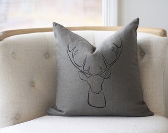 18"x18" Dark Gray Linen with Black Ink "Deer" Pillow Cover