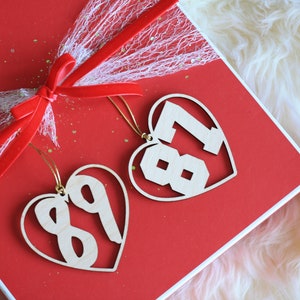 Taylor & Travis Laser Cut Heart 89 and 87 Wood Ornament Set, Swiftie, Chiefs, Swiftmas image 1