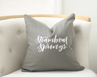 18"x18" Dark Gray Linen with White Ink "Steamboat Springs" Pillow Cover | Colorado Pillow