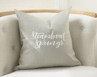 18"x18" Light Gray Linen with White Ink "Steamboat Springs" Pillow Cover | Colorado Pillow