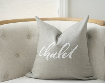 18"x18" Light Gray Linen with White Ink "Chalet" Pillow Cover