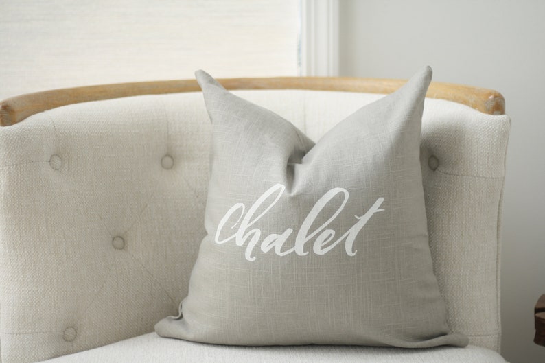 18x18 Light Gray Linen with White Ink Chalet Pillow Cover image 1