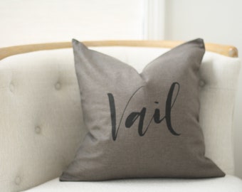 18"x18" Dark Gray Linen with Black Ink "Vail" Pillow Cover | Colorado Pillow