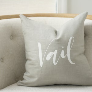 18x18 Light Gray Linen with White Ink Vail Pillow Cover Colorado Pillow image 1