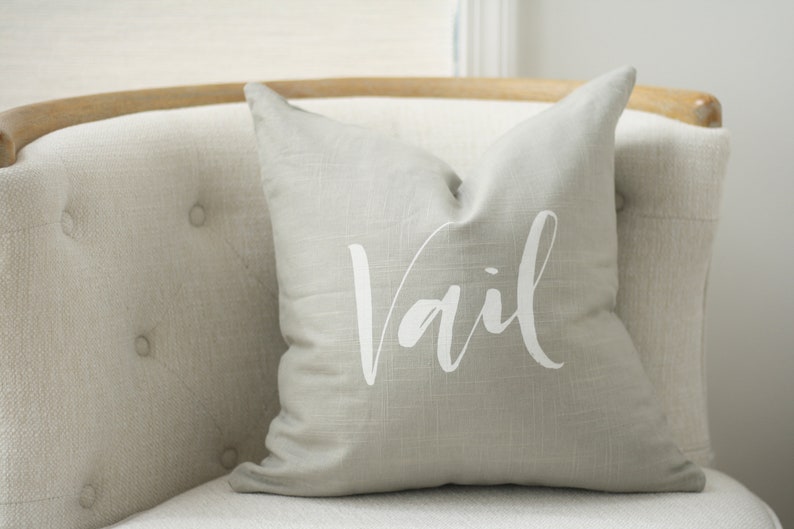18x18 Light Gray Linen with White Ink Vail Pillow Cover Colorado Pillow image 1