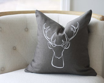 18"x18" Dark Gray Linen with White Ink "Deer" Pillow Cover