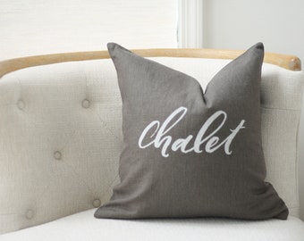 18"x18" Dark Gray Linen with White Ink "Chalet" Pillow Cover