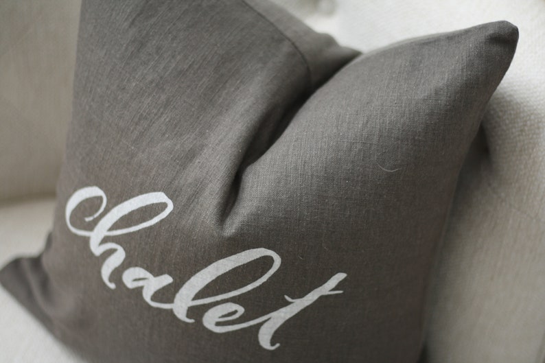 18x18 Dark Gray Linen with White Ink Chalet Pillow Cover image 2