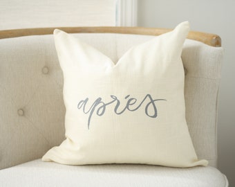 18"x18" Ivory Colored Linen with Grey Ink "Aprés" Pillow Cover