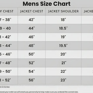 May include: A black and white size chart titled Mens Size Chart with columns for size, body chest, jacket chest, jacket shoulder, and jacket sleeves. Measurements are listed in inches for sizes XS through 4XL, with a note that dimensions are in inches.