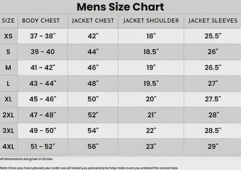 May include: A black and white size chart titled Mens Size Chart with columns for size, body chest, jacket chest, jacket shoulder, and jacket sleeves. Measurements are listed in inches for sizes XS through 4XL, with a note that dimensions are in inches.