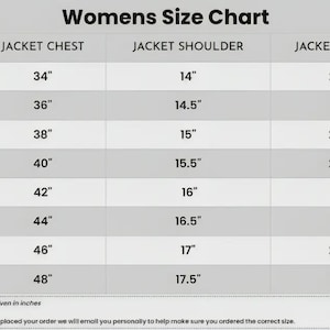 May include: A black and white size chart titled Womens Size Chart with columns for size, jacket chest, jacket shoulder, and jacket sleeves in inches. The table lists measurements from XS to 4XL, noting all dimensions are given in inches.