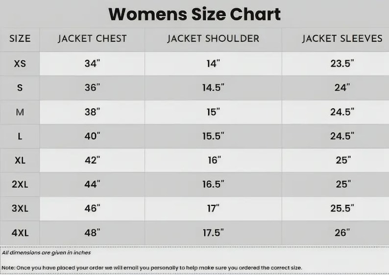 May include: A black and white size chart titled Womens Size Chart with columns for size, jacket chest, jacket shoulder, and jacket sleeves in inches. The table lists measurements from XS to 4XL, noting all dimensions are given in inches.