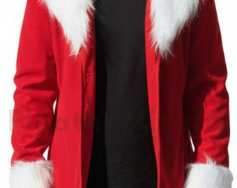 May include: A red jacket with a white faux fur collar and cuffs. The jacket is open, revealing a black shirt underneath. The style is reminiscent of a Santa Claus costume.