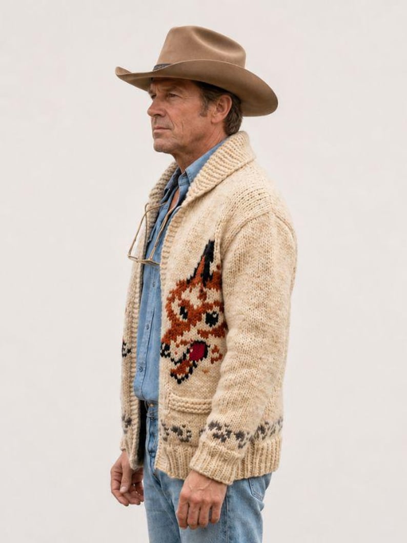 May include: A beige knit cardigan featuring a shawl collar and a large fox graphic on the front. The sweater is worn over a light blue button-down shirt and blue jeans, paired with a tan felt cowboy hat and glasses hanging from the shirt collar.