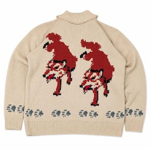 May include: A beige knit sweater featuring a high collar and long sleeves. The back displays two pixelated red and black wolf figures, with a repeating pattern of small dark blue paw prints along the bottom hem of the garment.