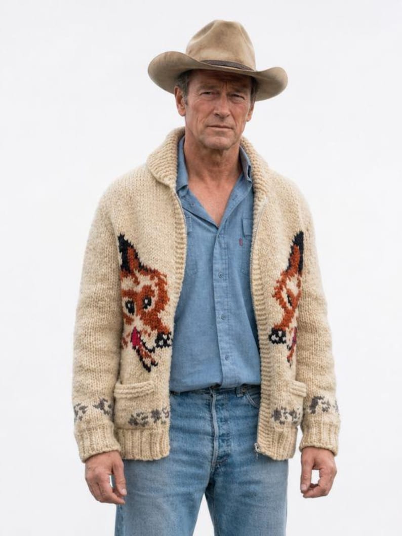 May include: A beige knit zip-up cardigan featuring a fox graphic on each side, worn over a light blue button-down shirt and blue jeans, paired with a tan cowboy hat. The cardigan has a shawl collar, ribbed cuffs, and two front pockets.