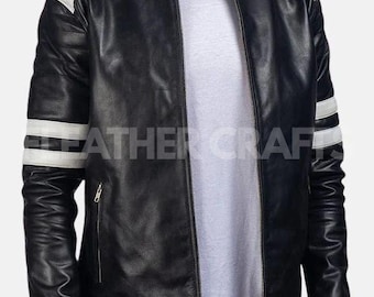 Men’s Black & White Leather Biker Jacket | Moto Style Quilted Shoulder Jacket