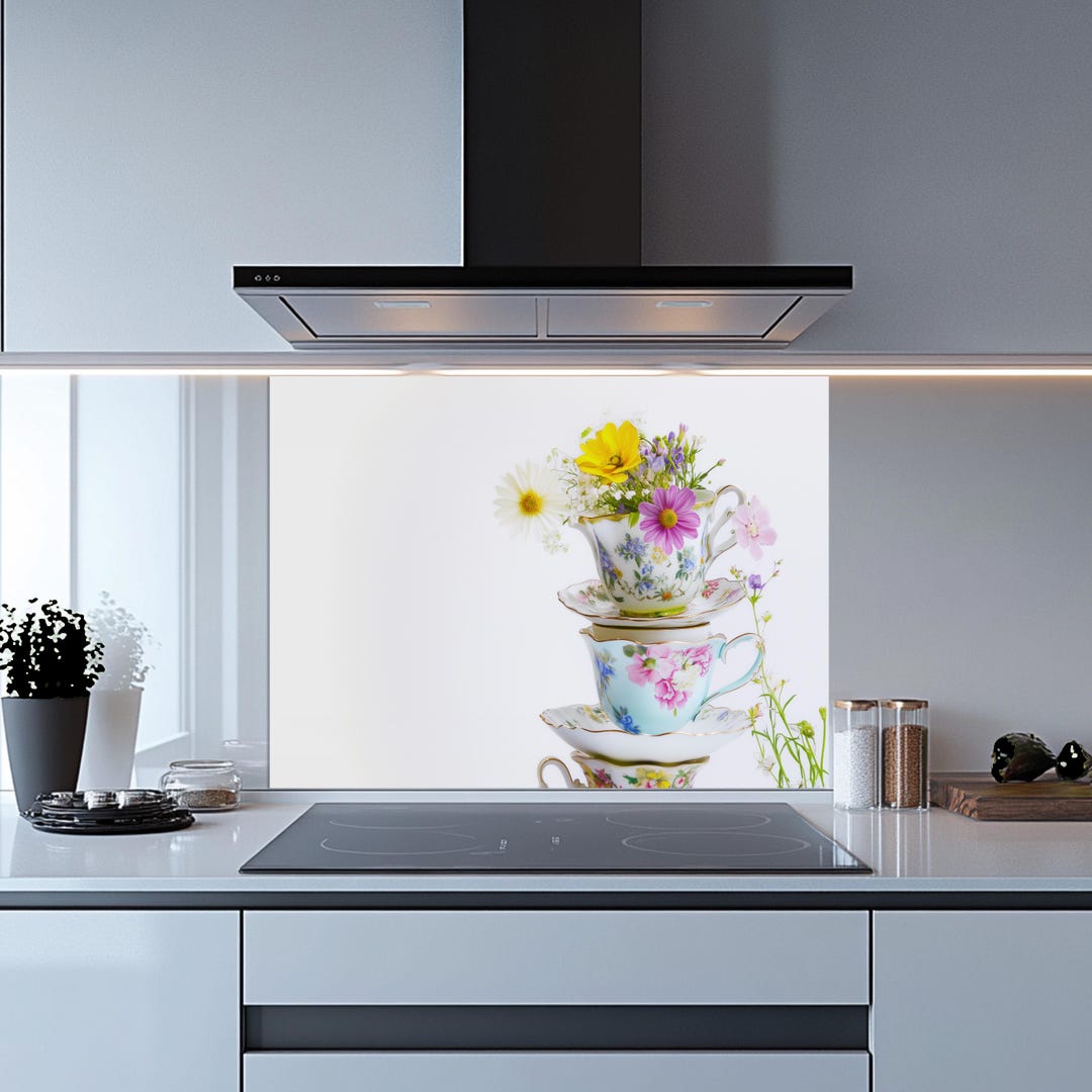 Stacked Teacups Floral Glass Backsplash, Tempered Glass Kitchen ...