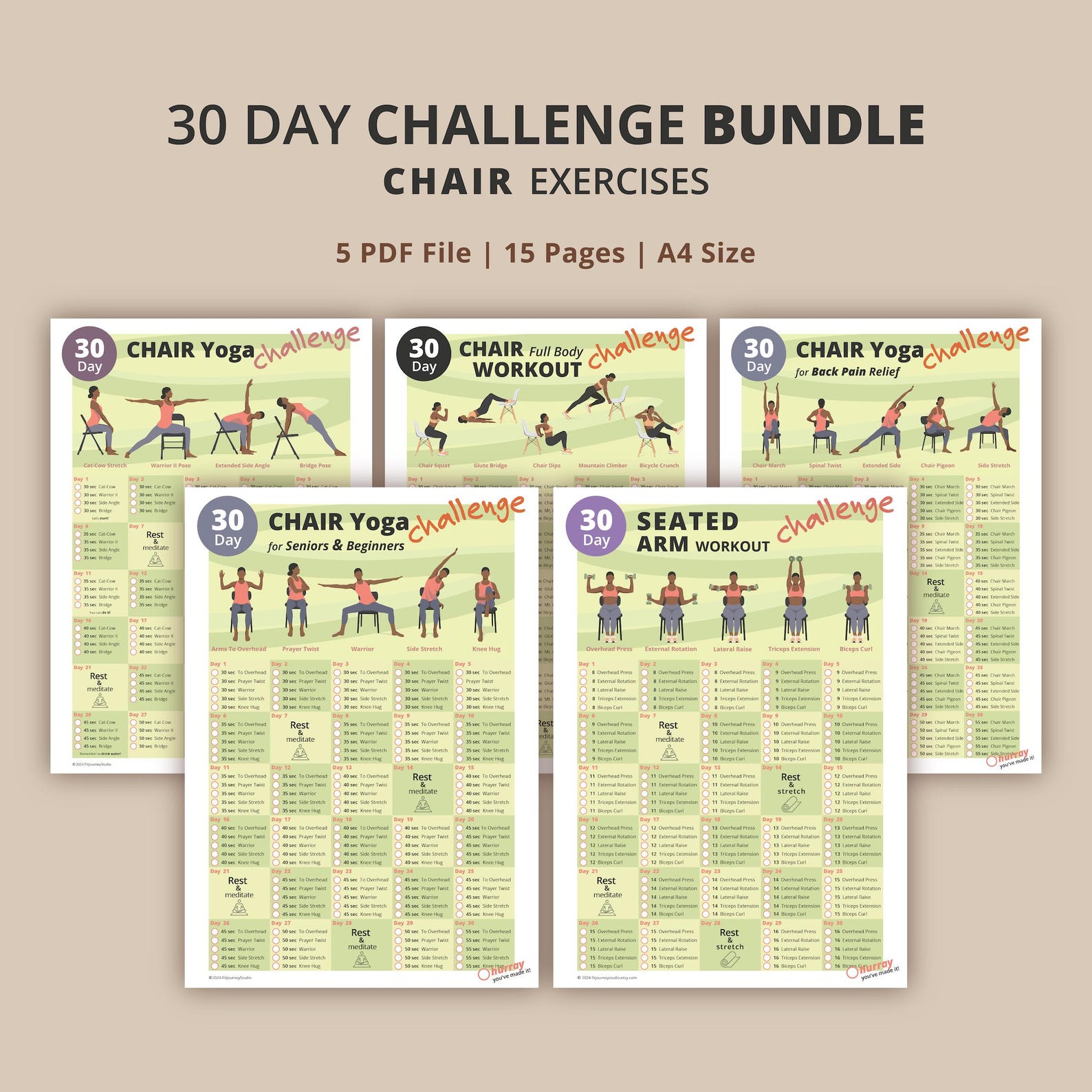 30-day Chair Exercise Challenge Bundle – 5 Printable PDF Workouts ...