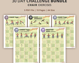 30-Day Chair Exercise Challenge Bundle – 5 Printable PDF Workouts | Seated Fitness, Yoga & Arm Strength | A4 Size | Instant Download