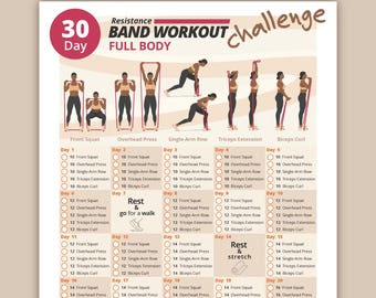 May include: A 30-day full-body resistance band workout challenge chart. The chart includes exercises like front squats, overhead presses, and triceps extensions. Each day lists the number of repetitions for each exercise.