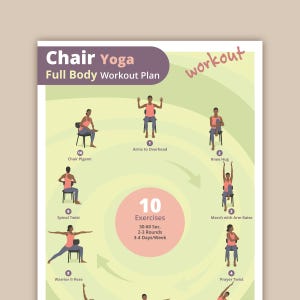 Plan de entrenamiento de cuerpo completo de yoga en silla: 10 ejercicios suaves sentados / Guía y seguimiento de fitness / Plan de entrenamiento en casa para personas mayores / Descarga instantánea en PDF