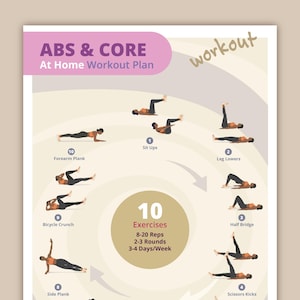 Puede incluir: Un póster con un plan de entrenamiento en casa para abdominales y core. El texto "ABS & CORE At Home Workout Plan" y "workout" es visible. Ilustra 10 ejercicios, incluyendo plancha de antebrazos, abdominales, elevaciones de piernas, bicicleta abdominal.