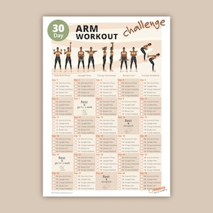 May include: A 30-day arm workout challenge chart with illustrations of exercises. The chart includes a list of exercises for each day, including one-arm press, upright row, triceps extension, biceps curl, and triceps kickback. The chart also includes rest days and days to go for a walk.