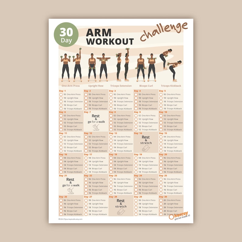 May include: A 30-day arm workout challenge chart with illustrations of exercises. The chart includes a list of exercises for each day, including one-arm press, upright row, triceps extension, biceps curl, and triceps kickback. The chart also includes rest days and days to go for a walk.
