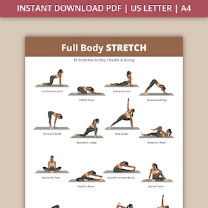 以下が含まれることがあります： 「Full Body STRETCH」というタイトルの印刷可能なポスター。猫と牛、コブラ、ダウンドッグなど、16のヨガのポーズが特徴です。A4とUSレターサイズで、すぐにダウンロードできます。