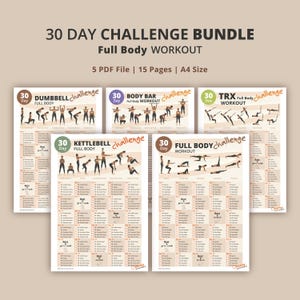 30 Day Full Body Workout Challenge Bundle | Printable Home Fitness Plan | TRX Dumbbell Kettlebell Bodyweight Body Bar | Instant Download PDF