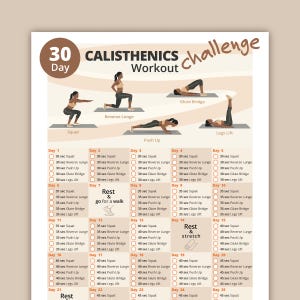 Könnte beinhalten: Ein Trainingsplan für eine 30-Tage-Calisthenics-Challenge. Die Tabelle enthält Übungsdiagramme für Kniebeugen, Ausfallschritte, Liegestütze und Beinheben. Es enthält auch Ruhetage und Dehntage.