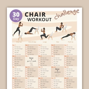 30 Day Chair Workout Challenge | Chair Full Body Workout Plan | Strengthen Legs, Arms & Core | Home Fitness Planner | Instant Download PDF