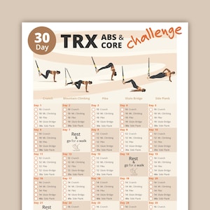 May include: A fitness chart for a 30-day TRX ABS & CORE challenge. The chart features exercise diagrams and a daily workout plan, including crunches, mountain climbing, pike, glute bridge, and side plank exercises.