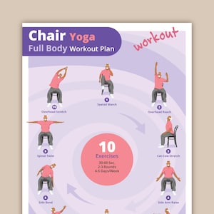 Può includere: Un poster del piano di allenamento di yoga sulla sedia per tutto il corpo. Il poster presenta illustrazioni di 10 esercizi, tra cui allungamento sopra la testa, marcia seduta e torsione spinale. Il testo recita "Chair Yoga Full Body Workout Plan".