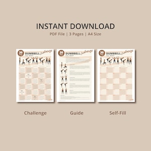 May include: A printable 30-day dumbbell challenge workout guide with three pages: a challenge tracker, a guide with exercise descriptions, and a blank self-fill tracker. The guide features a brown and white color scheme with illustrations of a person performing each exercise.