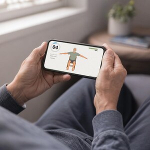 May include: A black smartphone displaying a fitness application screen. The screen shows a digital illustration of a person sitting on a chair performing side arm raises, with the text 04, Exercise 019, Side Arm Raises, and a 69% progress bar.