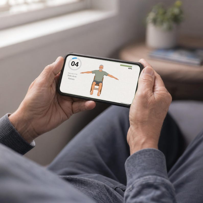 May include: A black smartphone displaying a fitness application screen. The screen shows a digital illustration of a person sitting on a chair performing side arm raises, with the text 04, Exercise 019, Side Arm Raises, and a 69% progress bar.