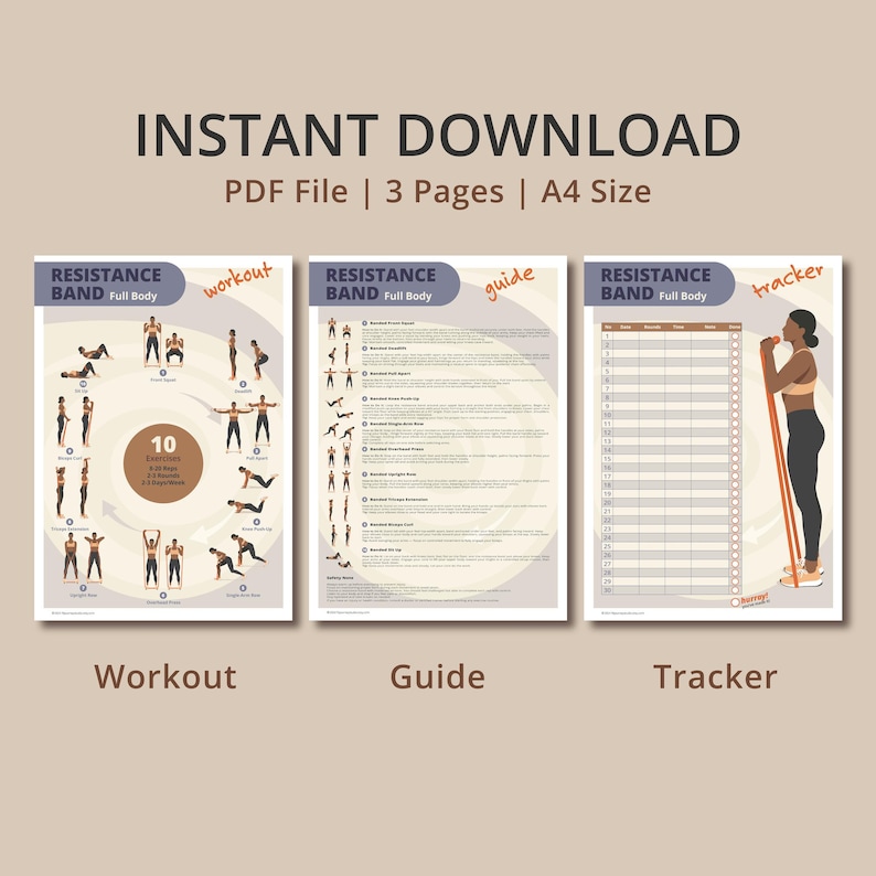 Puede incluir: Un archivo PDF de descarga instant&aacute;nea con tres p&aacute;ginas para entrenamientos con bandas de resistencia. El documento de tama&ntilde;o A4 incluye una gu&iacute;a de ejercicios, instrucciones y un rastreador. Las p&aacute;ginas presentan ilustraciones y el texto "RESISTANCE BAND Full Body".