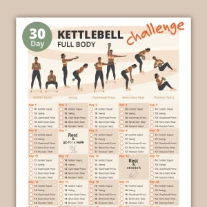30 Day Kettlebell Full Body Workout Challenge | Exercise Guide | Strengthen Legs, Arms & Core | Home Fitness Planner | Instant Download PDF