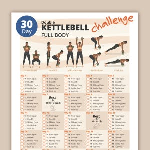 30 Day Double Kettlebell Full Body Workout Challenge | Printable Fitness Plan | Home or Gym Exercise Guide & Tracker | Instant Download PDF