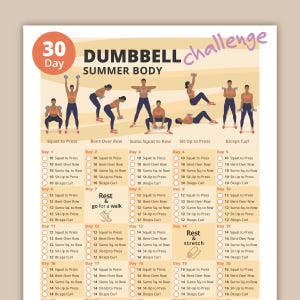 May include: A 30-day dumbbell challenge workout plan for a summer body. The plan includes 10 exercises per day for the first 5 days, 12 exercises per day for the next 6 days, and 14 exercises per day for the remaining 19 days. The plan includes rest days and a rest and stretch day.