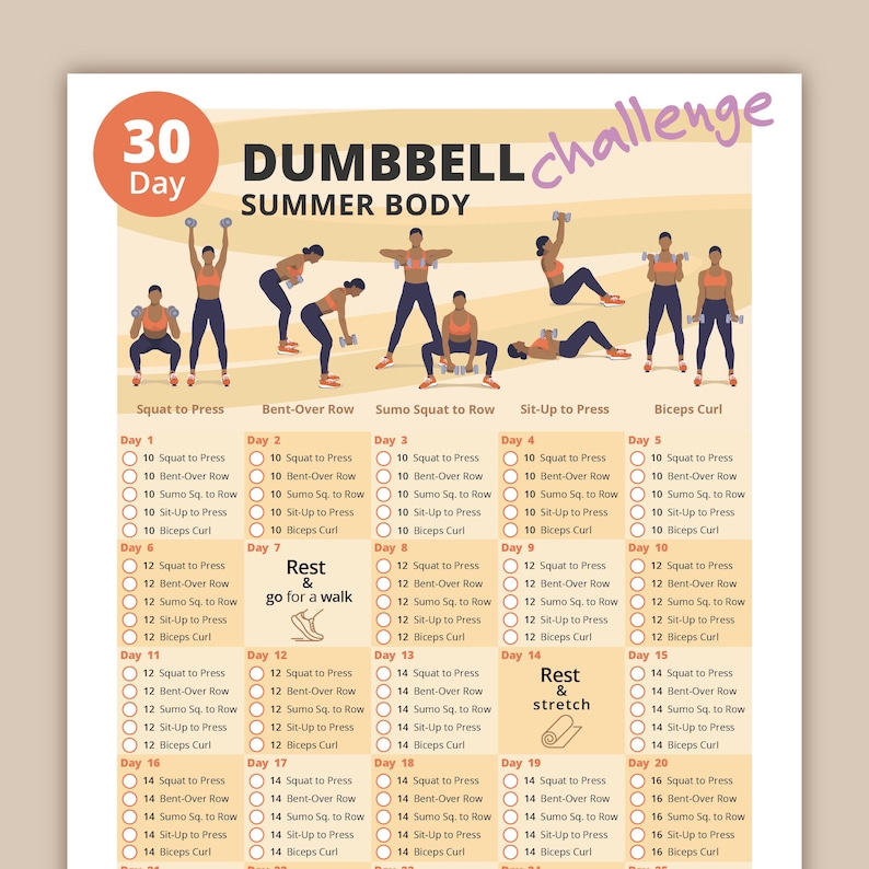 May include: A 30-day dumbbell challenge workout plan for a summer body. The plan includes 10 exercises per day for the first 5 days, 12 exercises per day for the next 6 days, and 14 exercises per day for the remaining 19 days. The plan includes rest days and a rest and stretch day.