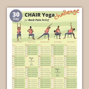 Reto de 30 días de yoga en silla para aliviar el dolor de espalda – PDF imprimible / Rutina de ejercicios sentados para principiantes / Tamaño A4 / Descarga instantánea