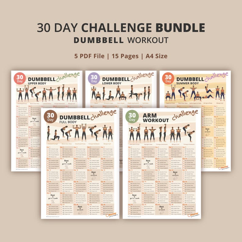 May include: A set of five printable workout charts for a 30-day dumbbell challenge. Each chart features a different workout focus, including upper body, lower body, full body, summer body, and arm workout. The charts are designed with a black and white color scheme and feature a cartoon illustration of a person exercising.
