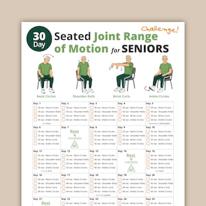 Könnte beinhalten: Ein gedrucktes Übungsdiagramm mit dem Titel "30 Day Seated Joint Range of Motion for SENIORS". Das Diagramm zeigt Illustrationen von Übungen wie Nackenkreisen, Schulterrollen und Handgelenkbeugen mit einem täglichen Zeitplan.
