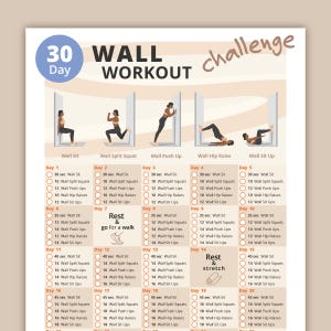 Desafío de entrenamiento de 30 días contra la pared / Plan de entrenamiento de cuerpo completo / Fortalecimiento de piernas, brazos y abdomen / Pilates contra la pared / Fitness en casa / Descarga instantánea en PDF